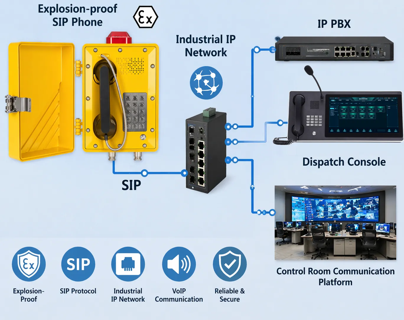 Téléphone SIP antidéflagrant connecté via un réseau IP industriel à un central IPBX, une console de répartition et une plateforme de communication de salle de contrôle