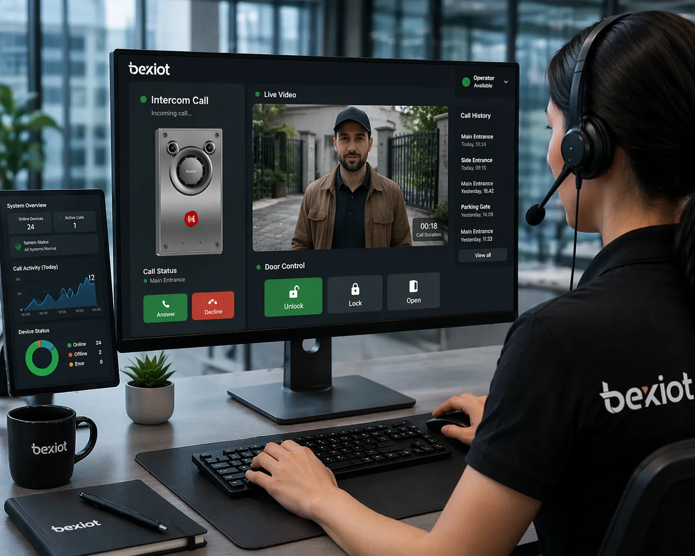 Operator receiving a SIP intercom call with live video and remotely controlling door access from a desktop client