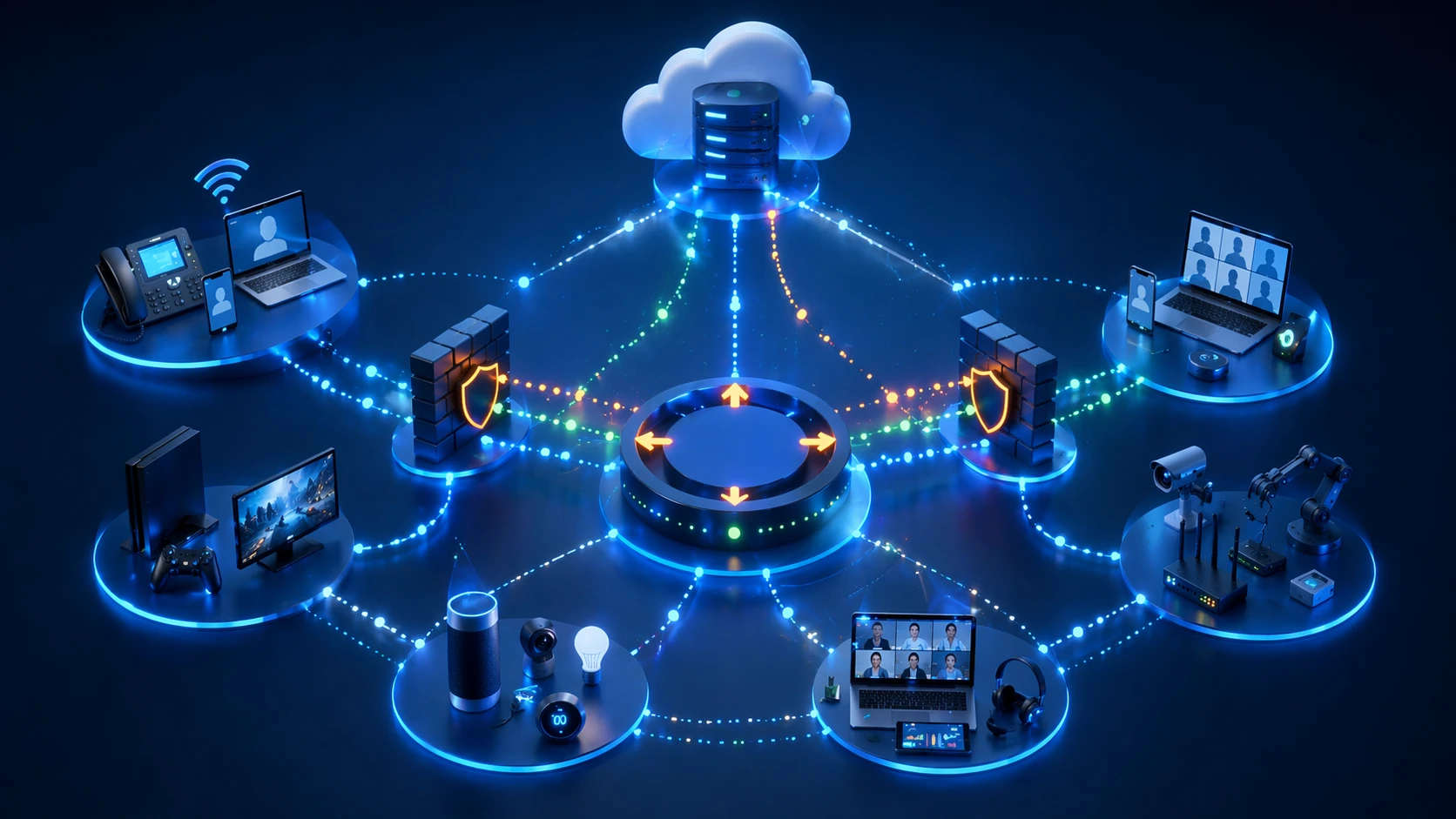 Illustration montrant l'utilisation de la traversée NAT dans la VoIP, les réunions WebRTC, les jeux en ligne et la communication avec des dispositifs de périmètre distants Illustration montrant l'utilisation de la traversée NAT dans la VoIP, les réunions WebRTC, les jeux en ligne et la communication avec des dispositifs de périmètre distants