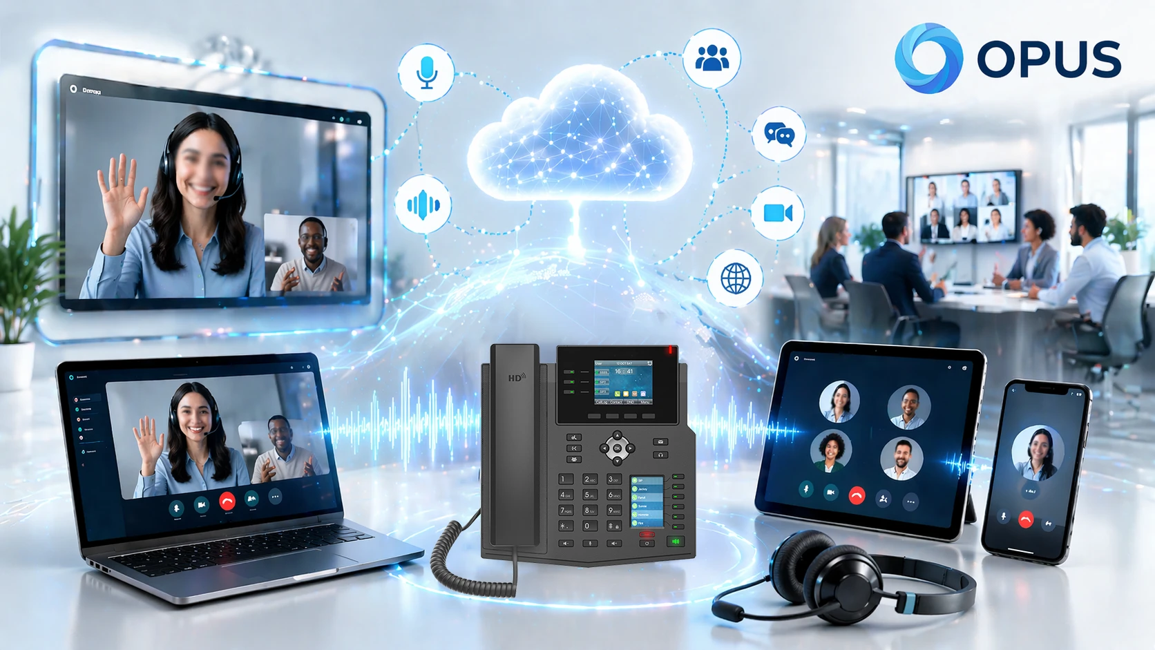 Scène de comparaison montrant une communication vocale plus claire et une qualité audio de conférence plus riche lorsque Opus est utilisé dans un environnement de collaboration IP moderne Scène de comparaison montrant une communication vocale plus claire et une qualité audio de conférence plus riche lorsque Opus est utilisé dans un environnement de collaboration IP moderne