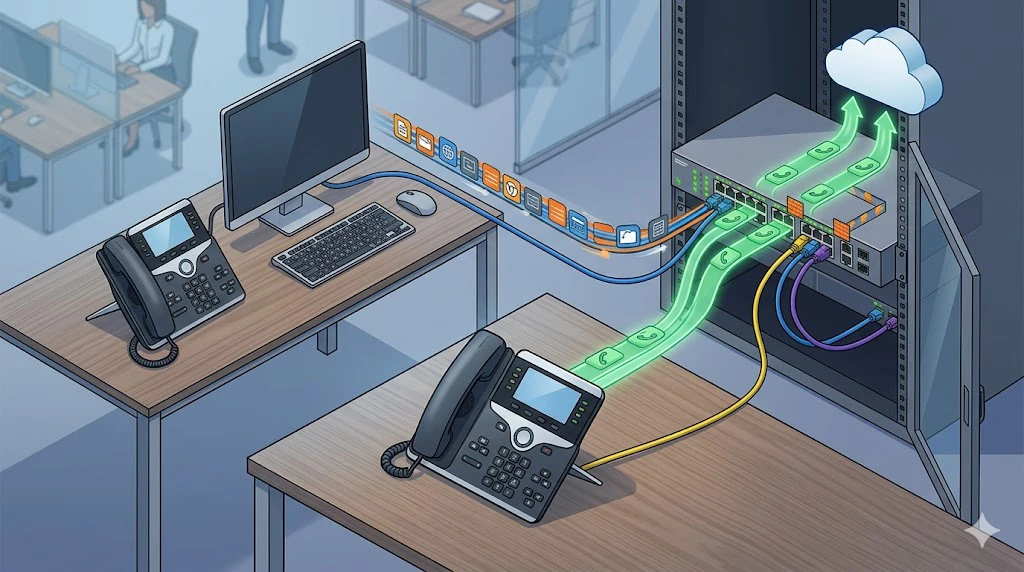 Port de commutateur d’entreprise connecté à un téléphone IP et un PC, illustrant une limite de confiance : le commutateur valide les marquages vocaux du téléphone mais applique un traitement QoS différencié au trafic du poste de travail Port de commutateur d’entreprise connecté à un téléphone IP et un PC, illustrant une limite de confiance : le commutateur valide les marquages vocaux du téléphone mais applique un traitement QoS différencié au trafic du poste de travail