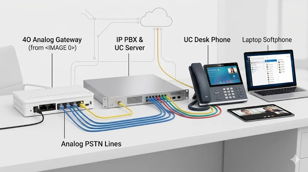 Passerelle analogique 4O connectée à une IP PBX et une plateforme de communications unifiées