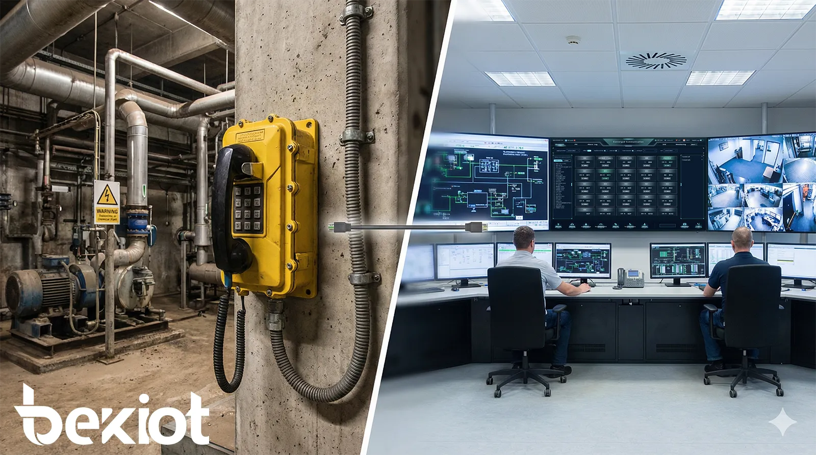 Téléphone antidéflagrant relié à une salle de contrôle centrale dans une usine industrielle