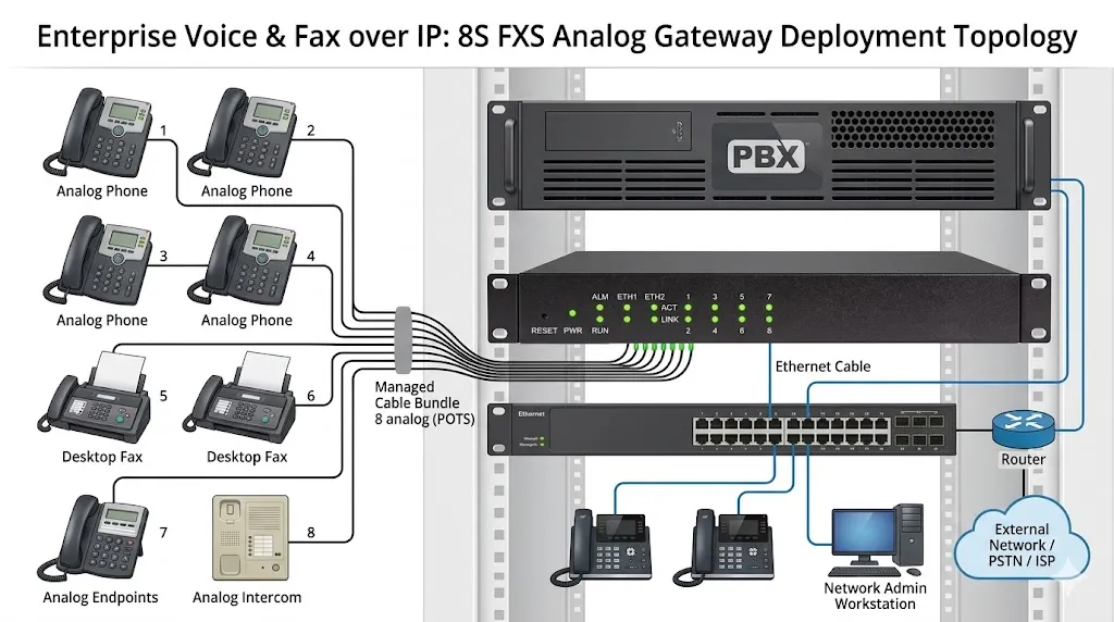 Passerelle analogique 8S déployée avec des téléphones analogiques, des télécopieurs et une PBX IP