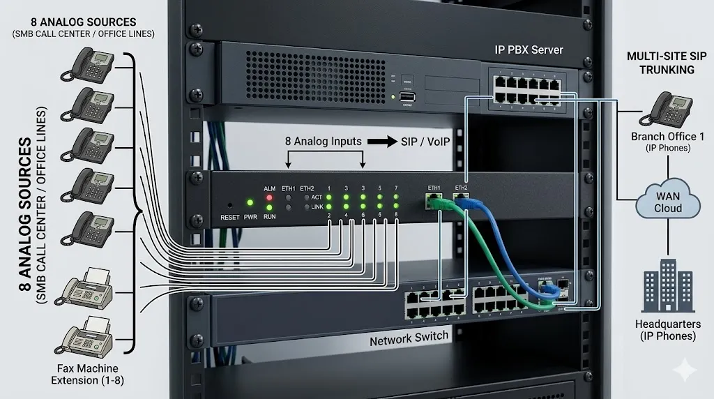 Passerelle analogique 8S pour déploiements analogique vers SIP chez les PME, les centres d’appels et les multi-sites