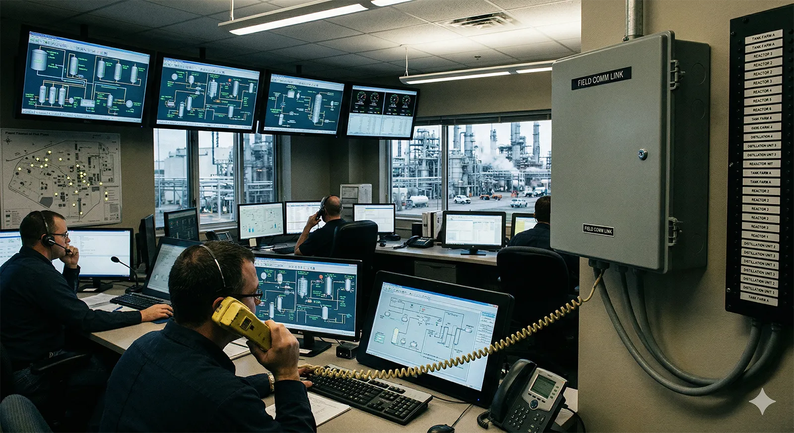 Flux de communication de salle de contrôle connecté aux téléphones de terrain dans une installation pétrochimique