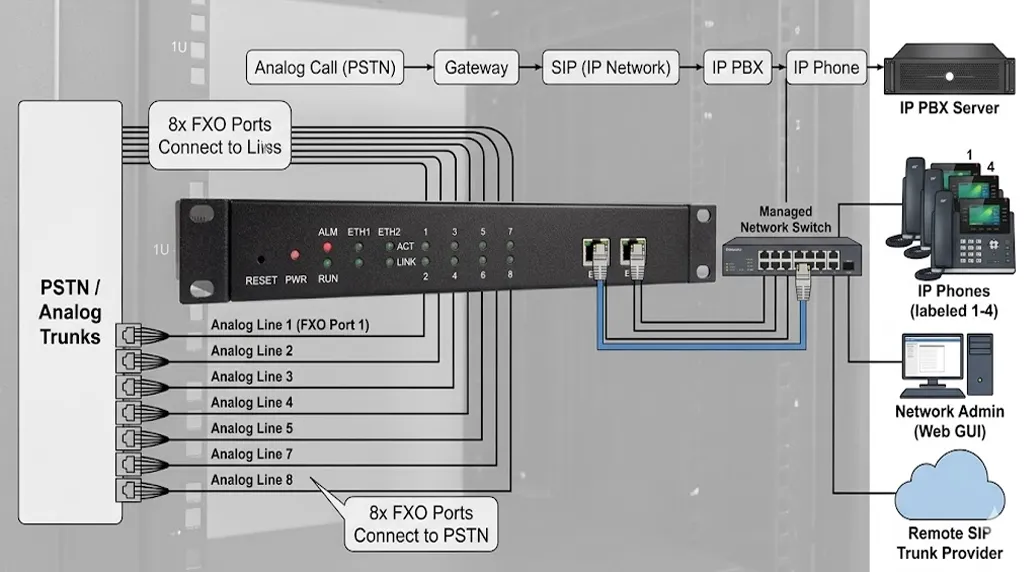 Vue frontale de la passerelle FXO IPGA-80 pour l’intégration de lignes analogiques et de réseaux SIP