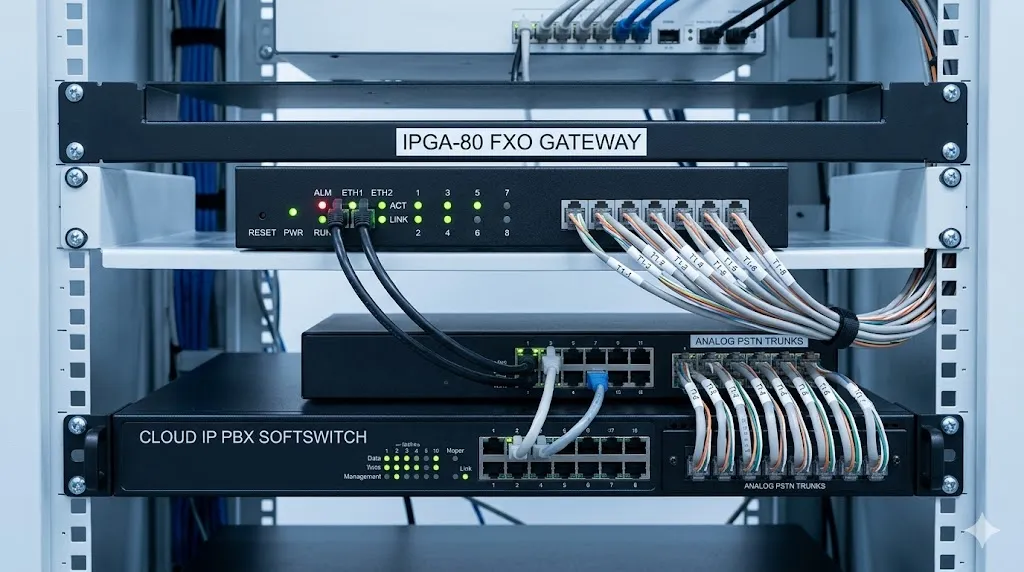 Passerelle FXO IPGA-80 connectée à un IP PBX, un commutateur logiciel et des lignes analogiques