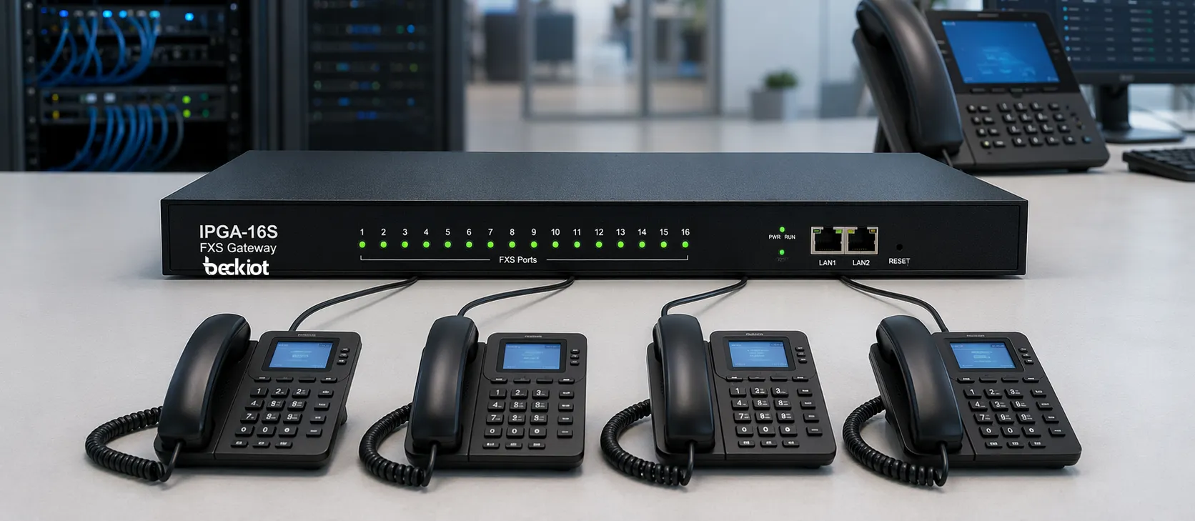 Passerelle FXS IPGA-16S connectée à des téléphones analogiques et à une plateforme IP PBX