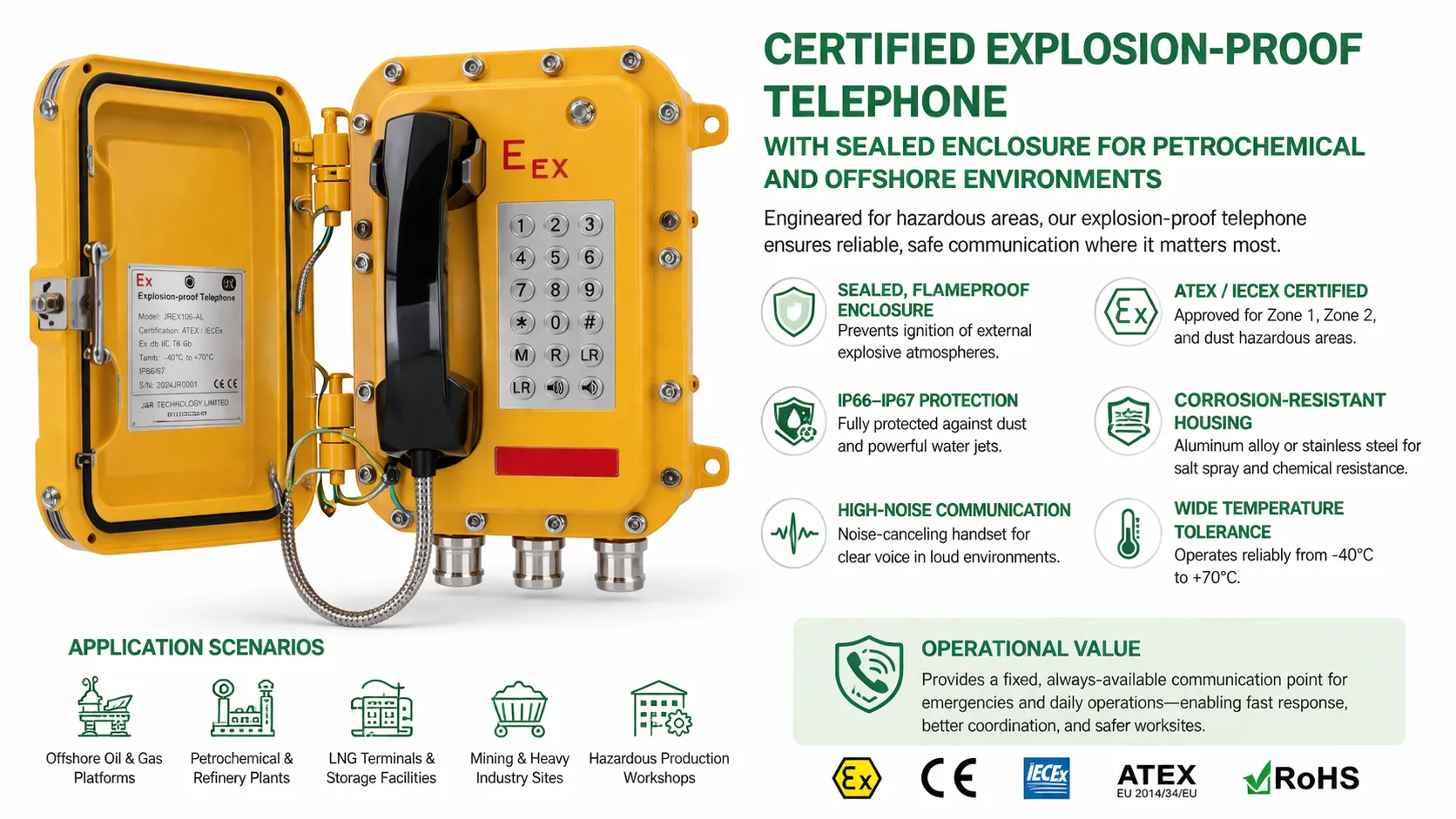 Téléphone antidéflagrant certifié avec boîtier étanche pour environnements pétrochimiques et offshore