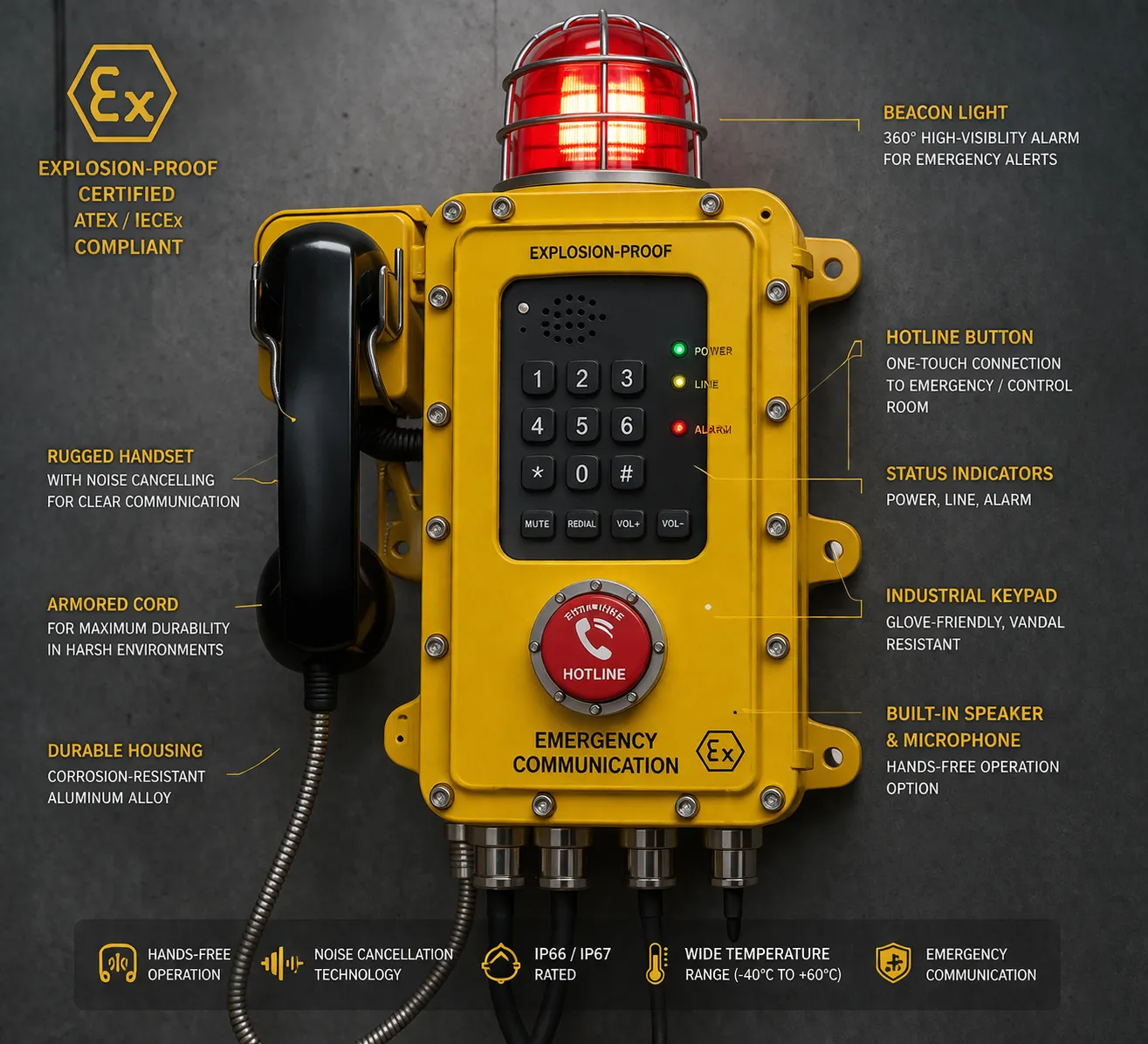 Téléphone antidéflagrant avec balise lumineuse bouton hotline et fonctions de communication industrielle d’urgence