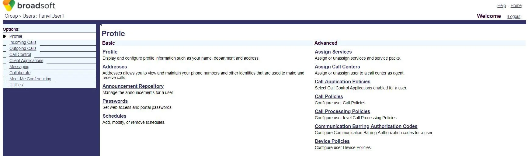 Page de configuration utilisateur