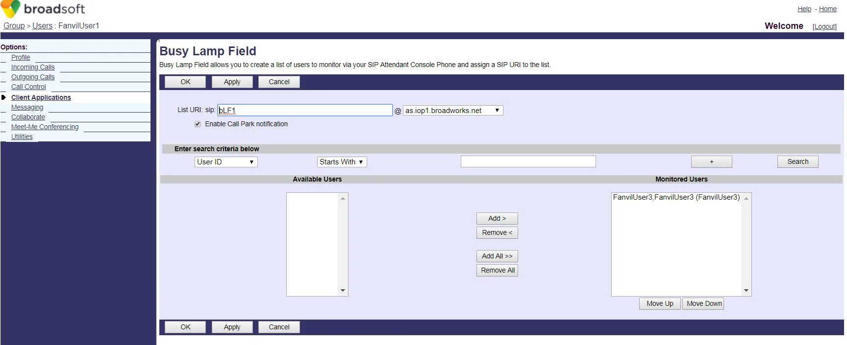 Page de configuration BLF List