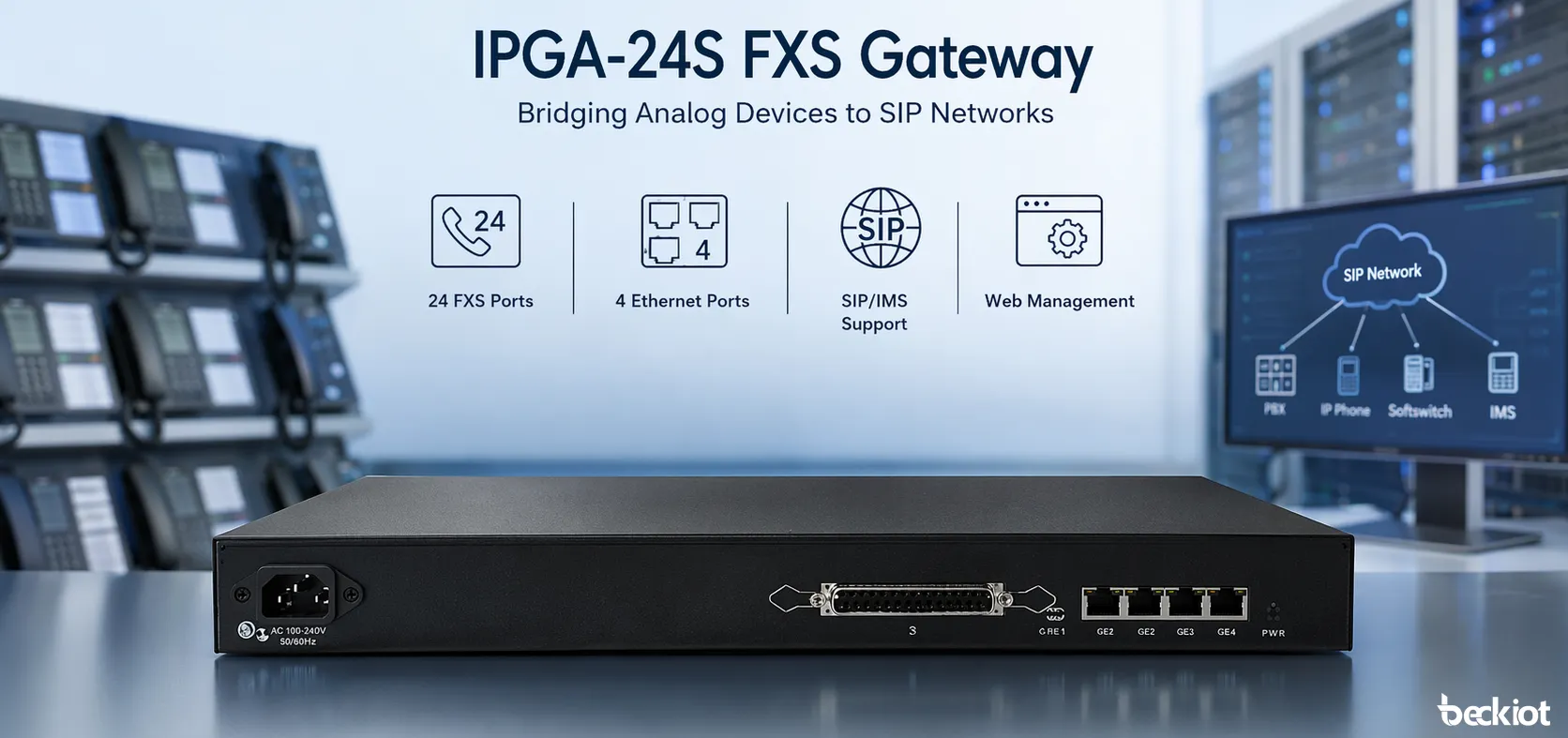 Passerelle FXS IPGA-24S utilisée dans des scénarios de réseau vocal SIP et de migration analogique