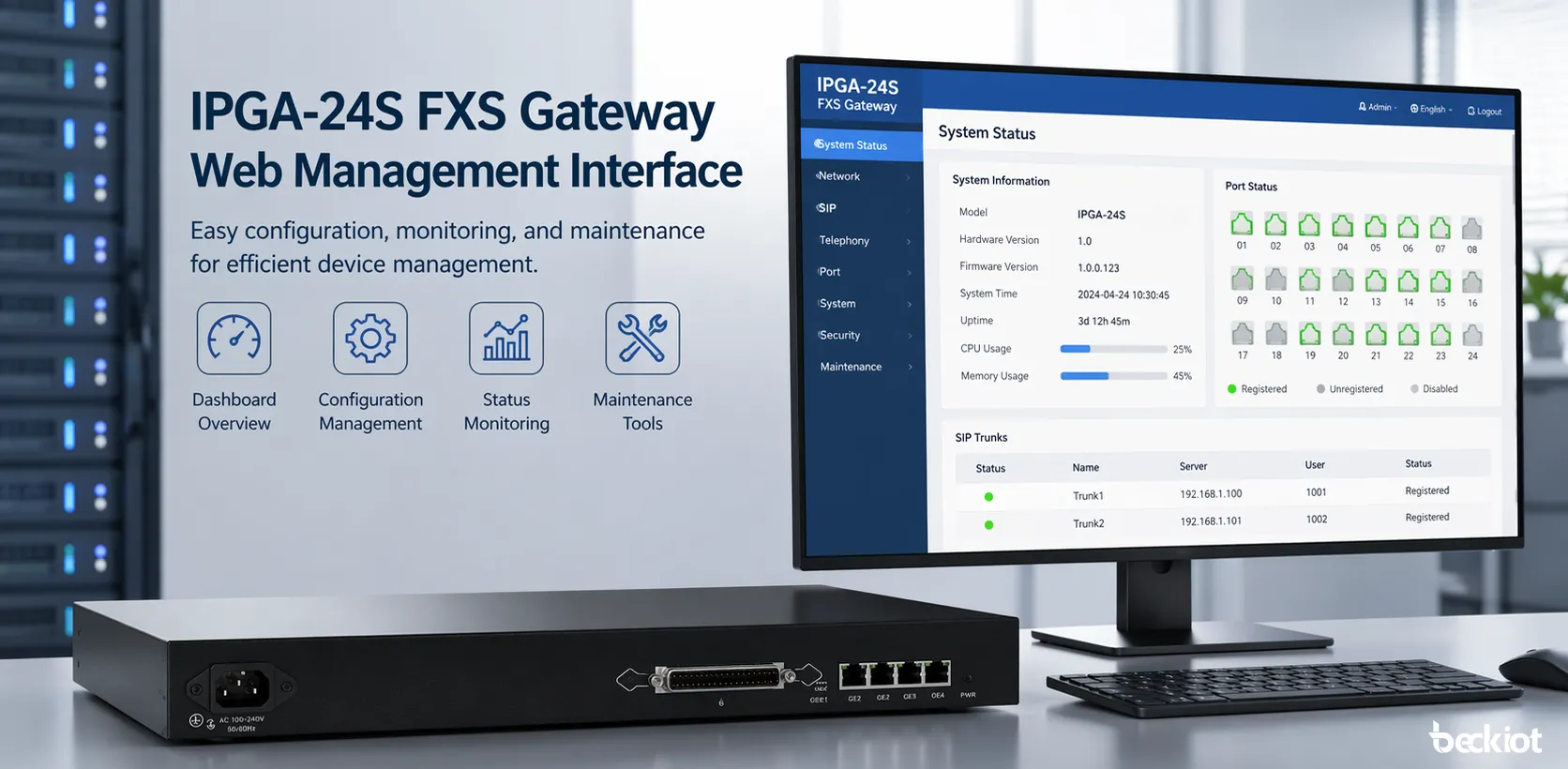 Interface de gestion web de la passerelle FXS IPGA-24S pour la configuration et la maintenance