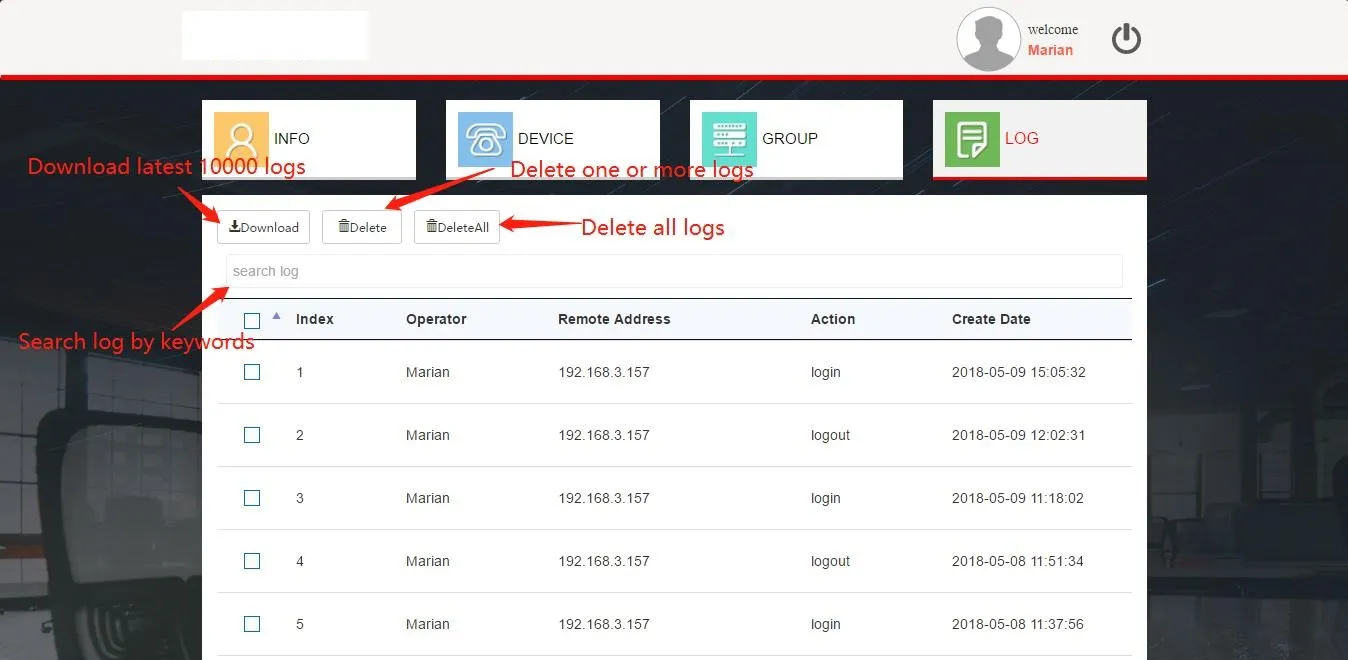 Customer Log Management Interface