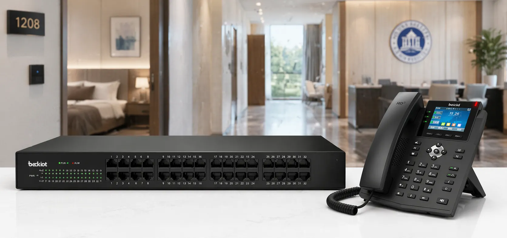 Passerelle FXS IPGA-32S utilisée dans un déploiement de téléphones analogiques hôtelier, campus ou multi-salles