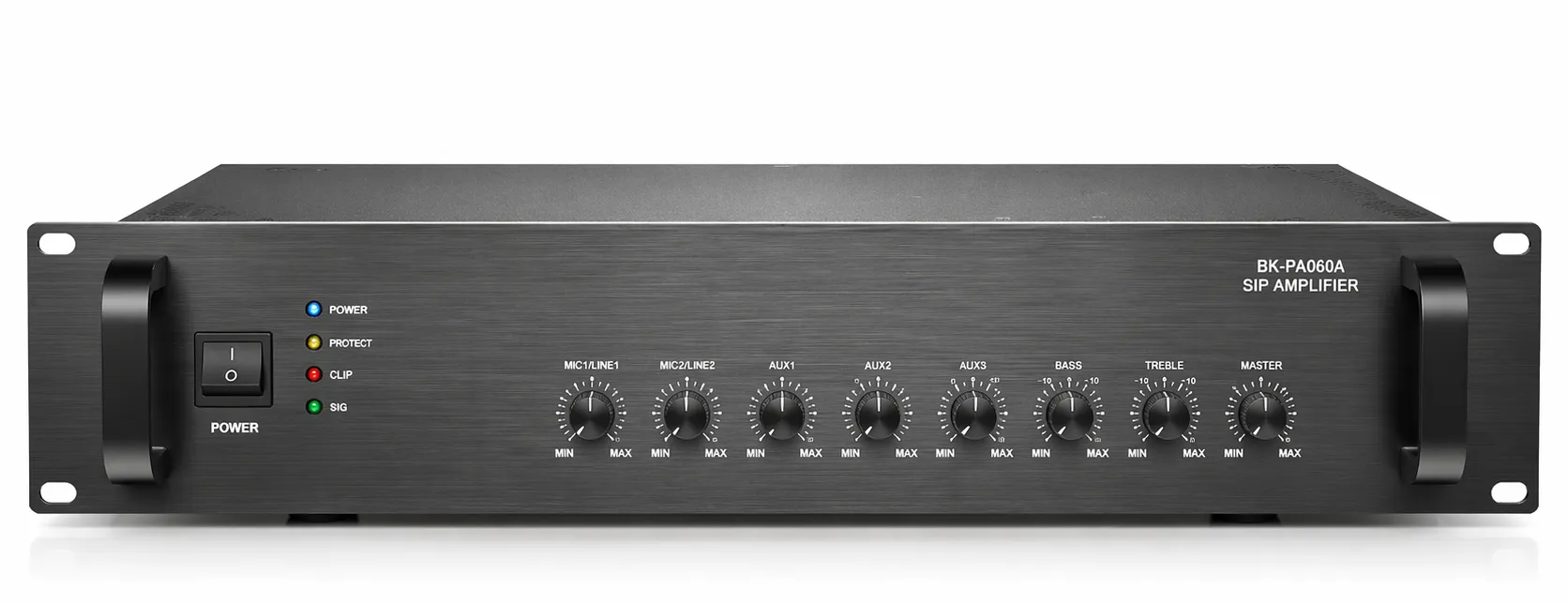Vue de face de l’amplificateur SIP BK-PA60A dans une installation en rack 19 pouces