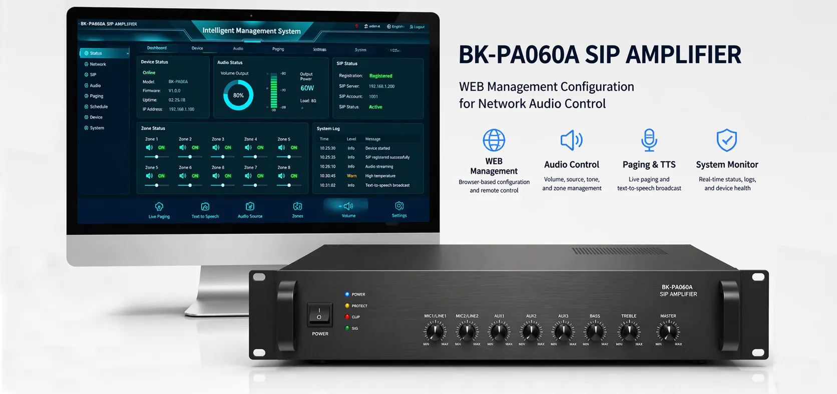 Amplificateur SIP BK-PA60A avec interface de configuration de gestion WEB pour le contrôle audio réseau