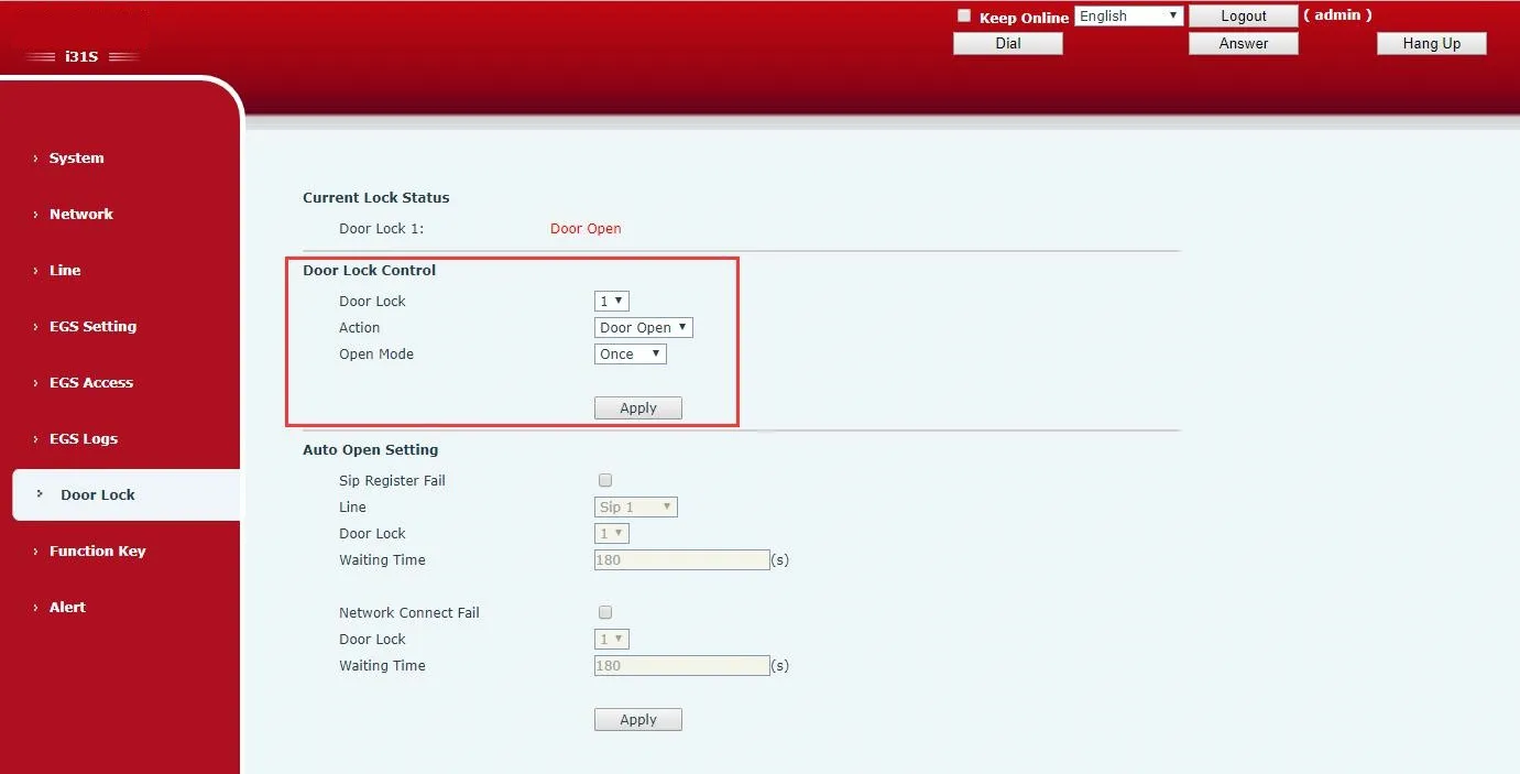 Interface des paramètres de contrôle automatique de porte