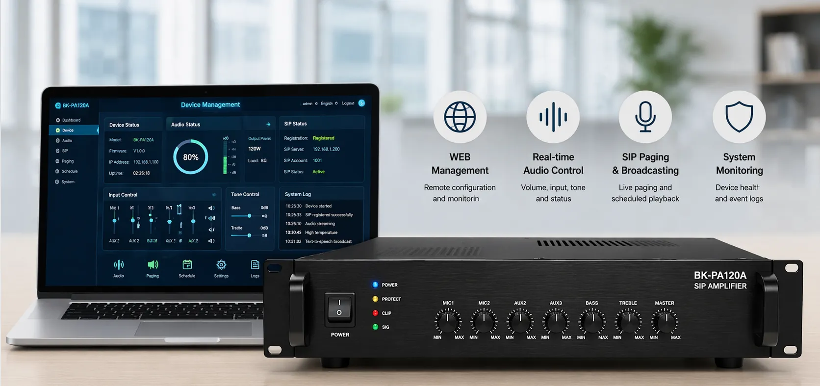 Amplificateur SIP BK-PA120A avec interface de gestion WEB pour la configuration et la surveillance audio réseau