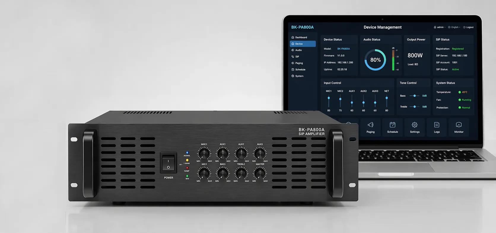 Amplificateur SIP BK-PA800A avec interface WEB pour la surveillance et la configuration audio réseau