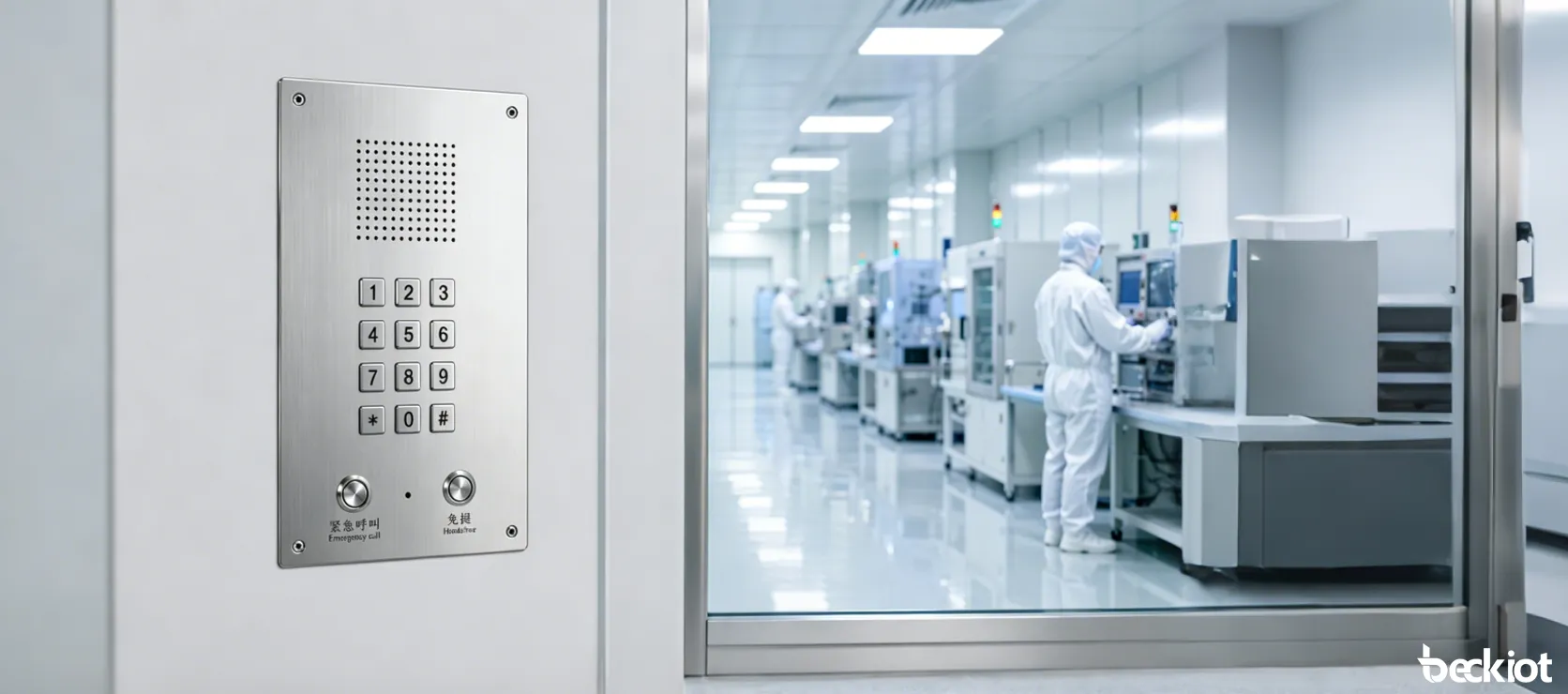 Vue de face du téléphone IP mains libres pour salles blanches BT26 avec panneau en acier inoxydable et conception encastrée