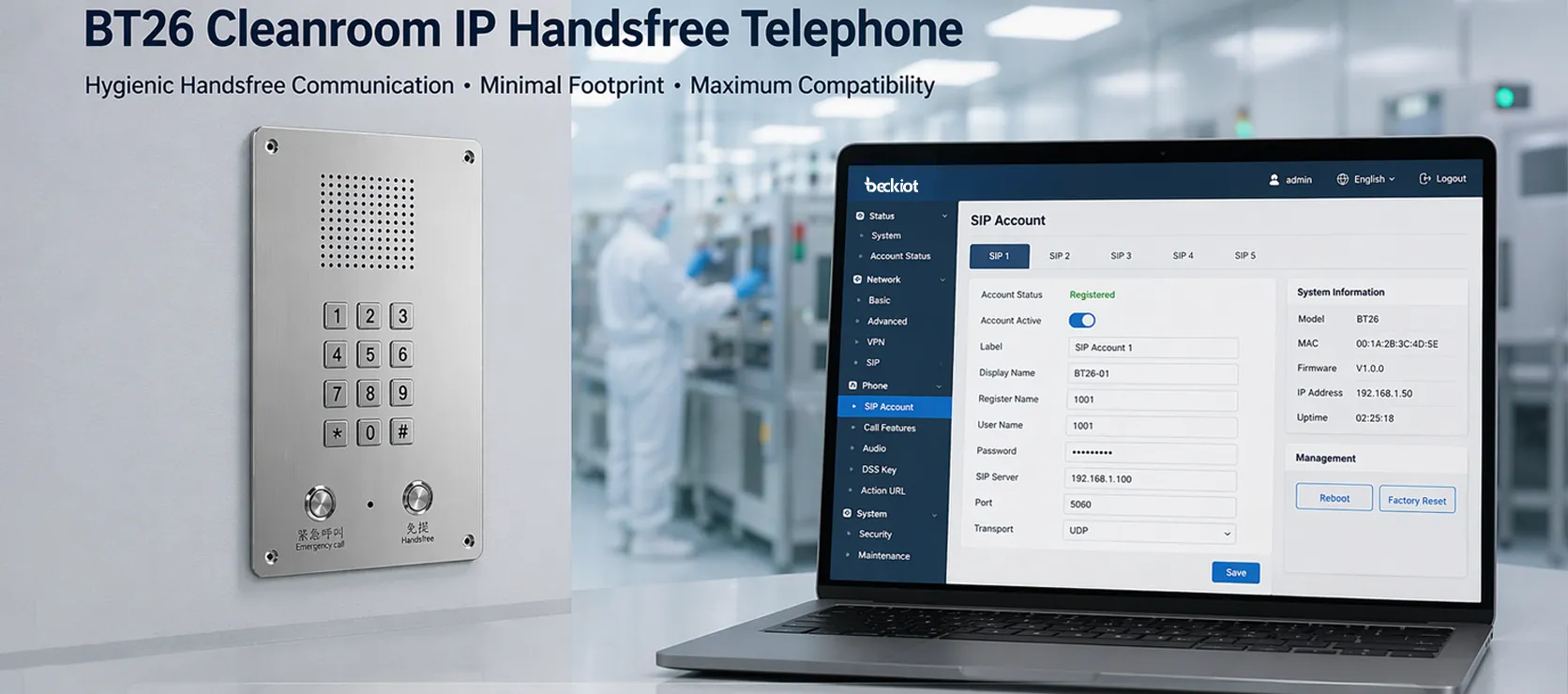 Téléphone IP mains libres pour salles blanches BT26 avec configuration SIP web et interface de gestion à distance