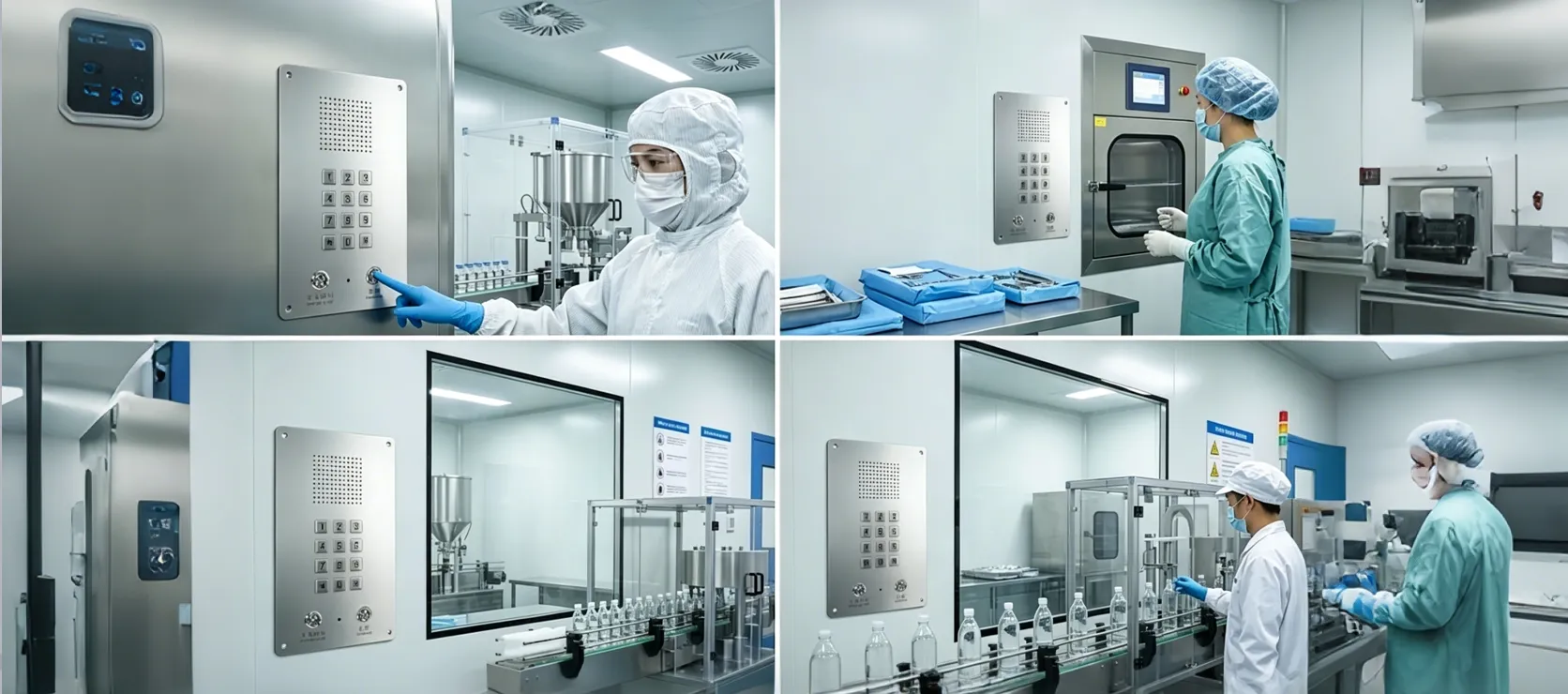 Téléphone IP mains libres pour salles blanches BT26 installé dans un environnement pharmaceutique, médical ou de salle blanche de qualité alimentaire