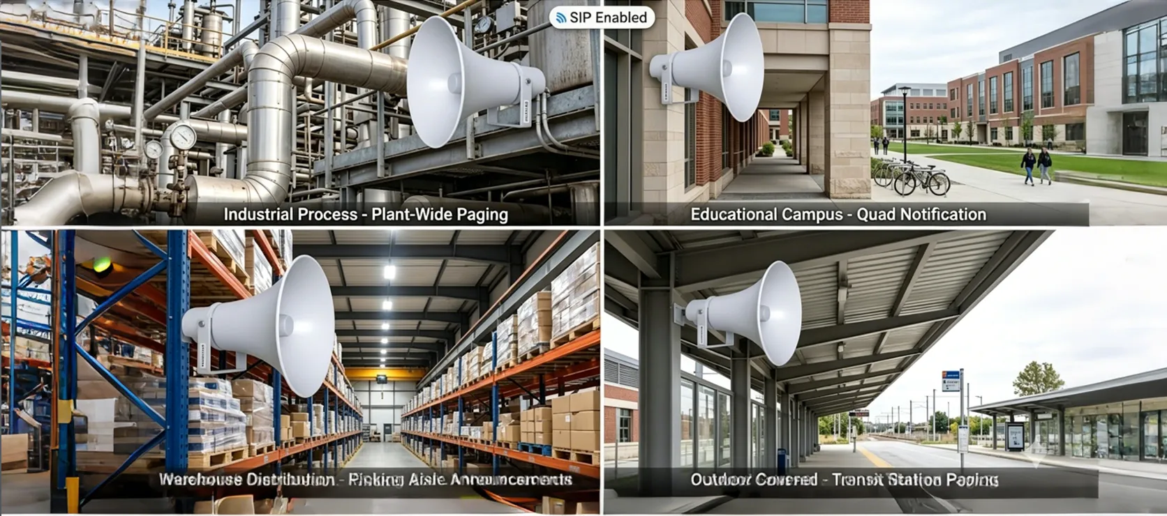 Enceinte SIP PA-BHS-IP50 déployée dans des environnements de pagination industriels, de campus, d’entrepôts ou extérieurs couverts