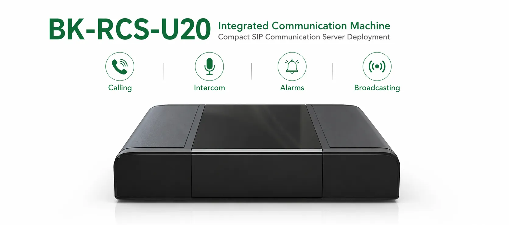 Vue de face de la machine de communication intégrée BK-RCS-U20 dans un déploiement compact de serveur de communication SIP
