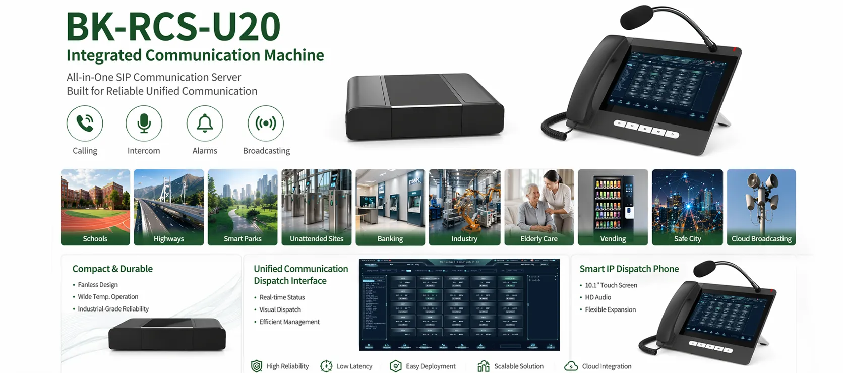 Machine de communication intégrée BK-RCS-U20 utilisée dans les écoles, les autoroutes, les parcs intelligents, les sites sans surveillance, les banques, les entreprises, les établissements pour personnes âgées, les distributeurs automatiques, les villes sécurisées et la diffusion cloud