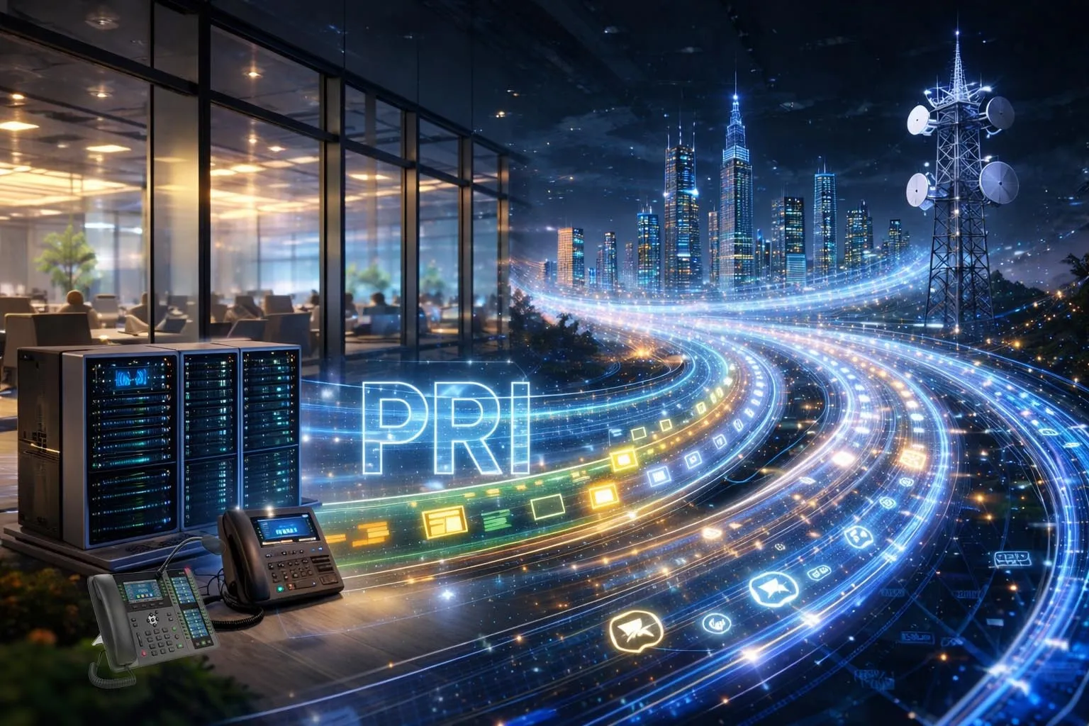Primary Rate Interface connectant un PBX d’entreprise au réseau opérateur via un trunk numérique avec plusieurs canaux voix et un canal de signalisation dédié