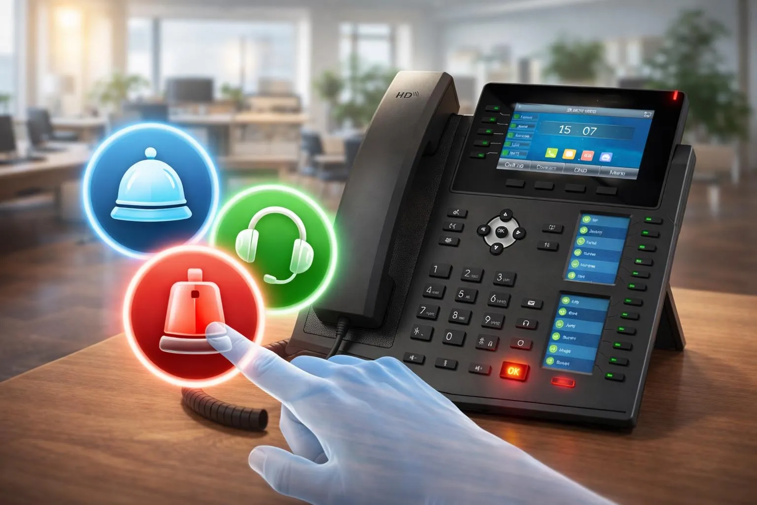Touches programmables d’un téléphone utilisées pour la numérotation rapide, les lignes directes, la diffusion et l’accès aux services dans un système de communication d’entreprise