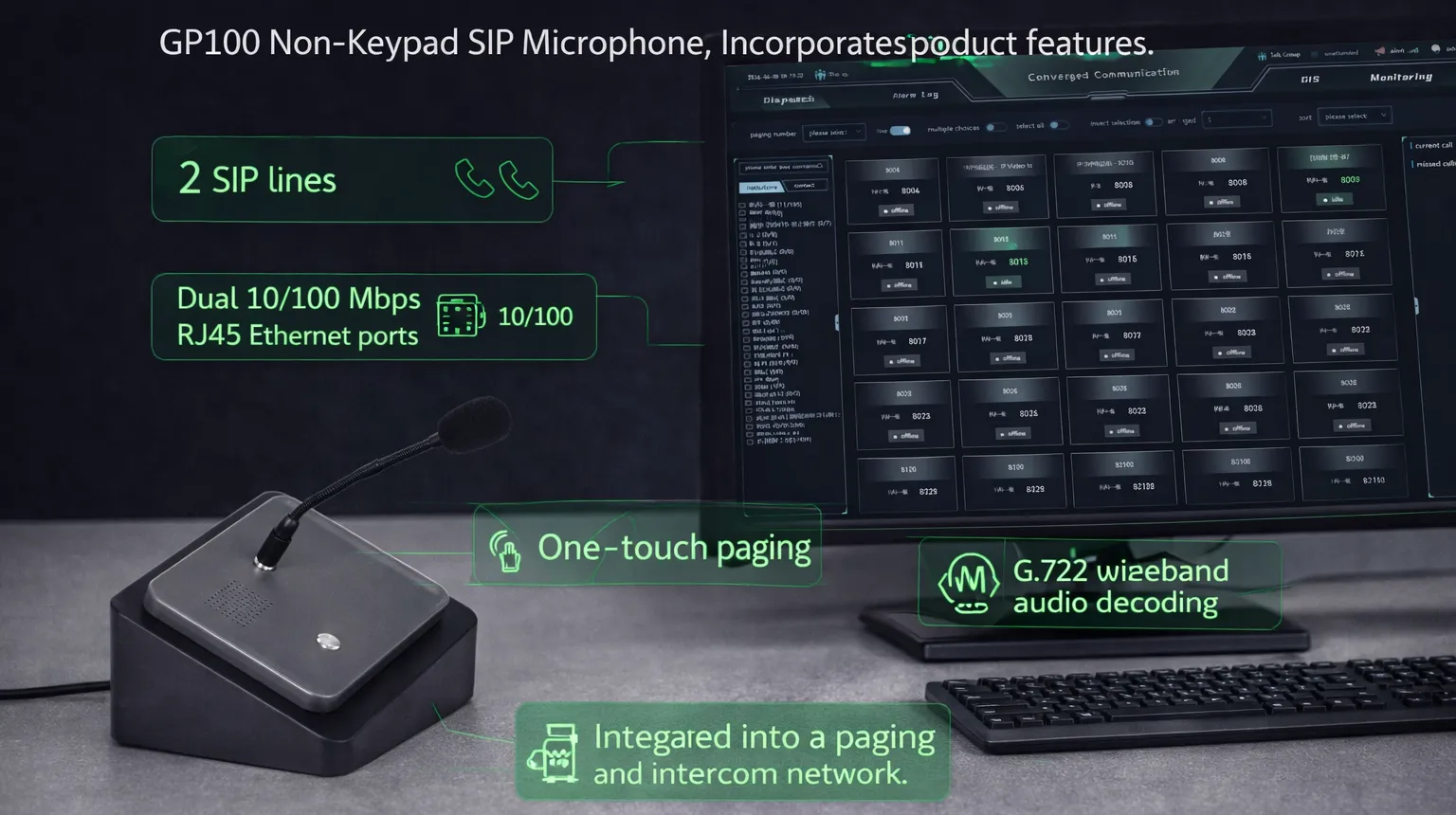 Microphone SIP sans clavier GP100 intégré dans un réseau de diffusion et d’interphone