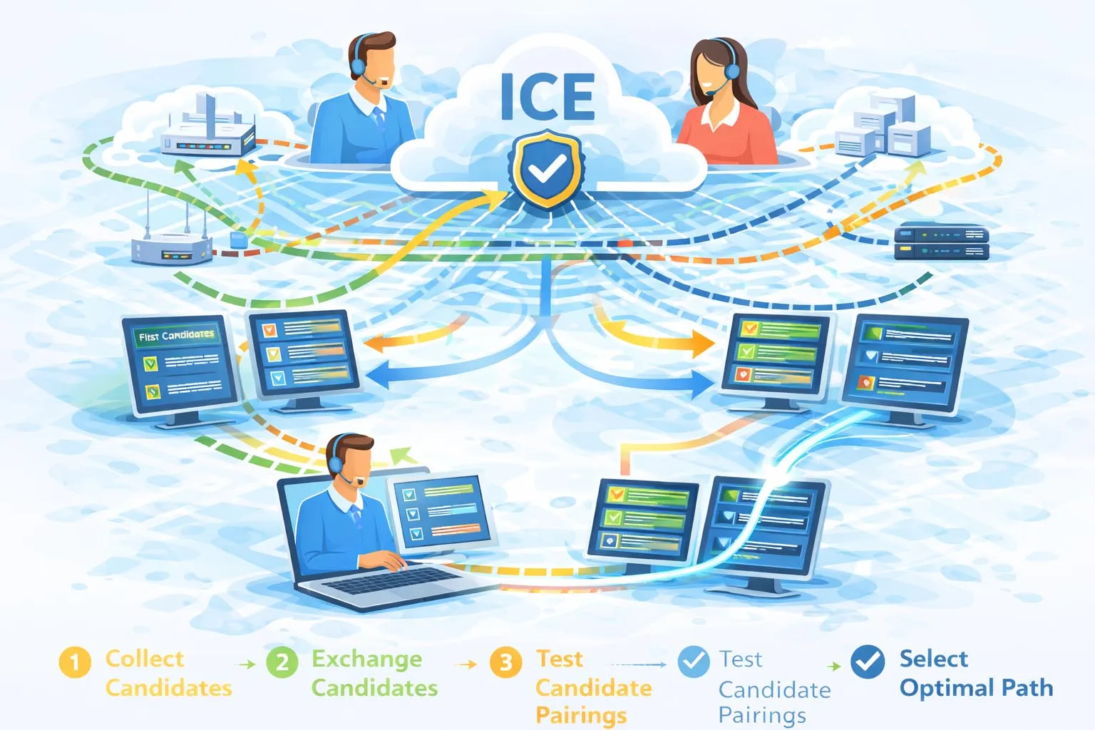 Collecte de candidats ICE, échange, vérifications de connectivité et nomination entre candidats hôte, réflexifs de serveur et relais