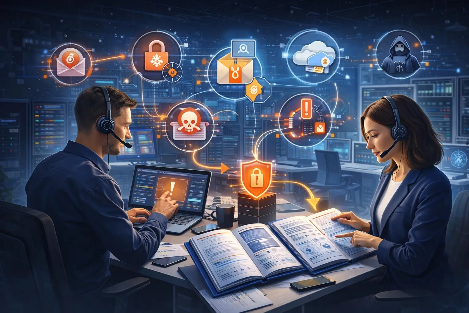 Architecture de réponse aux incidents d’entreprise reliant les terminaux, pare-feux, systèmes d’identité, charges de travail cloud, supervision de sécurité et contrôles de récupération coordonnés