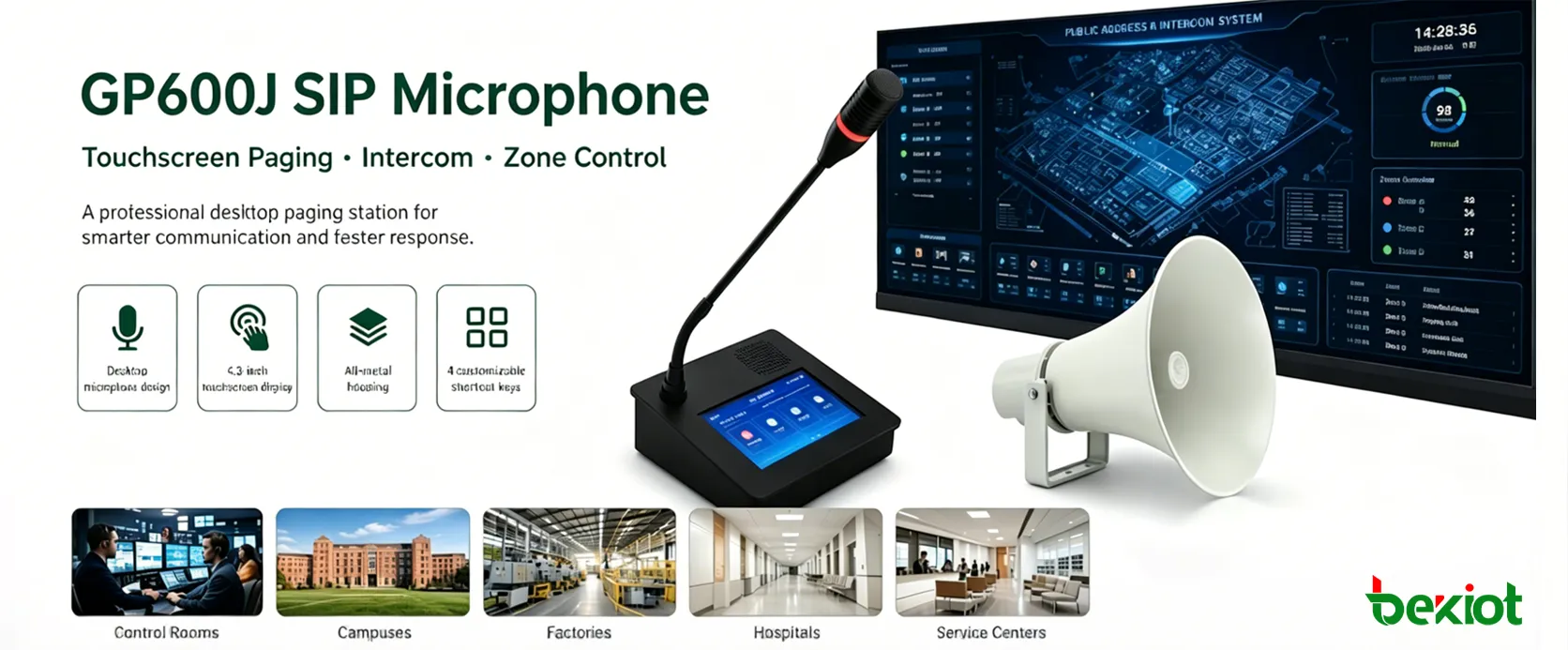 Microphone SIP GP600J utilisé dans un centre de commande pour diffusion tactile et fonctionnement d’interphone