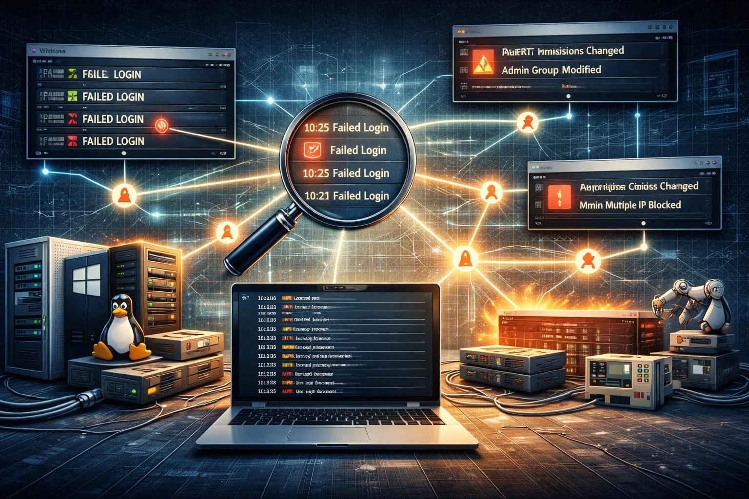 Équipes sécurité et opérations examinant des journaux d’événements corrélés provenant de serveurs endpoints pare-feu et applications pour identifier pannes anomalies et comportements suspects