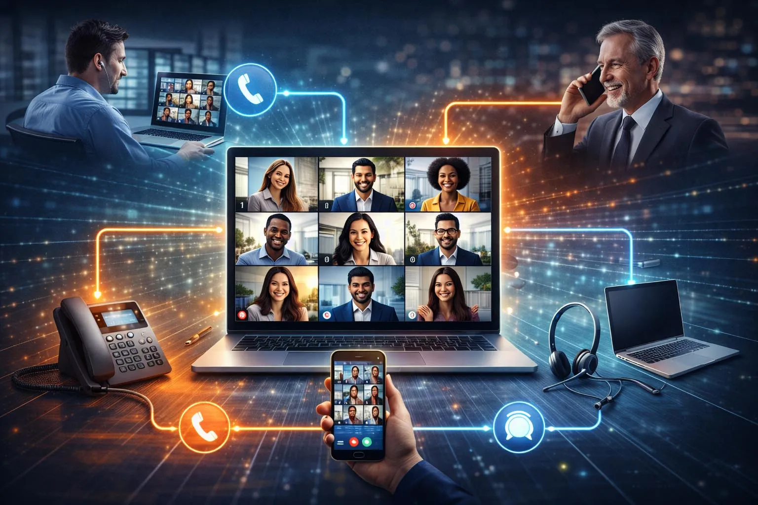 Schéma de fonctionnement de la conférence téléphonique avec connexion de postes de bureau, clients logiciels et numéros d’appel au sein d’une même session partagée