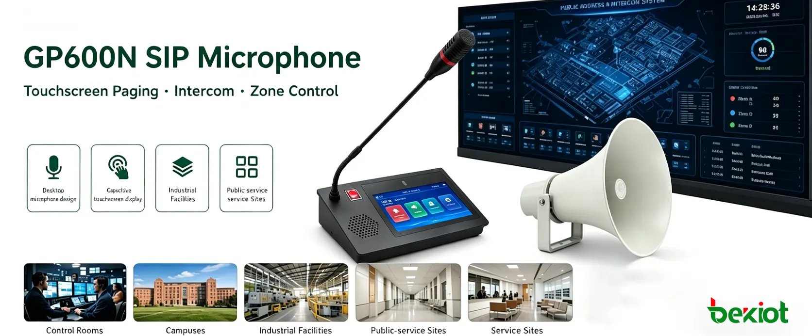 Microphone SIP GP600N utilisé dans une salle de contrôle pour l’appel tactile et l’opération de diffusion d’urgence