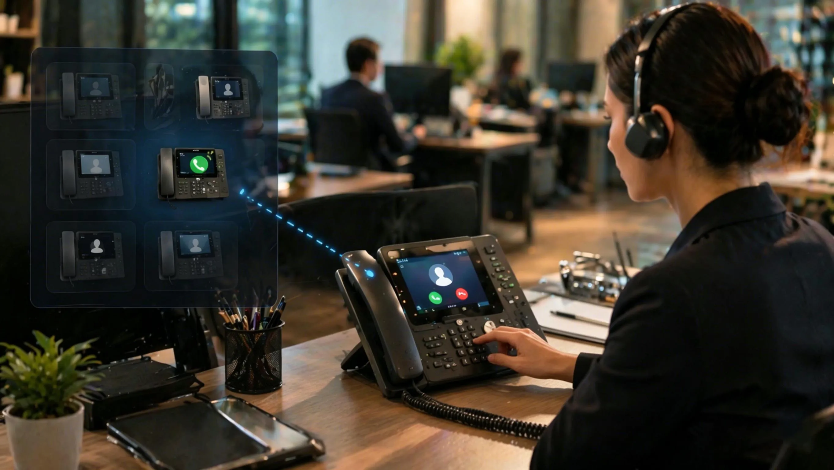 Cycle de reprise d'appel : poste sonnant, activation de la reprise par un utilisateur autorisé et redirection de l'appel par le PBX vers le poste répondant