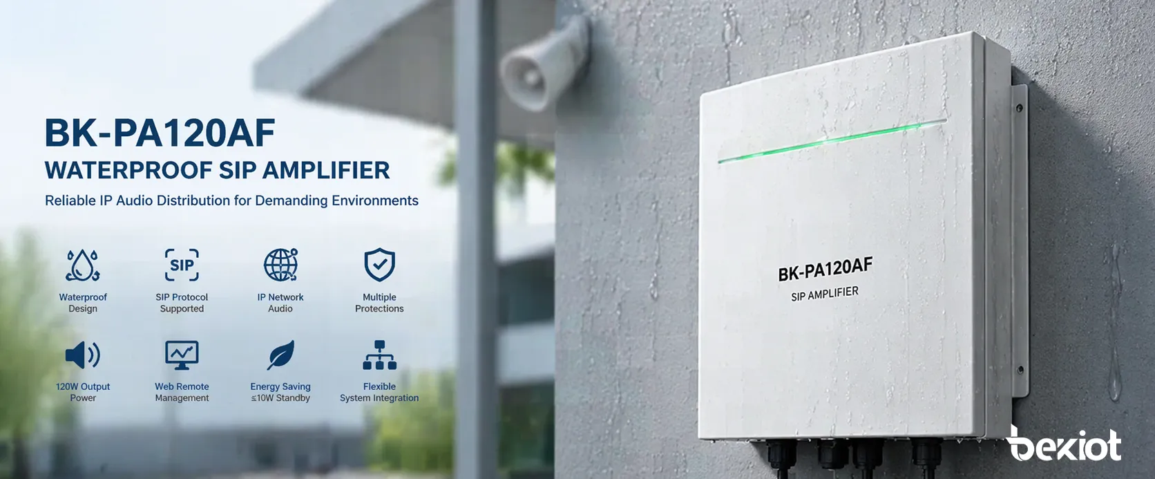 Vue avant de l'amplificateur SIP étanche BK-PA120AF dans un déploiement audio réseau