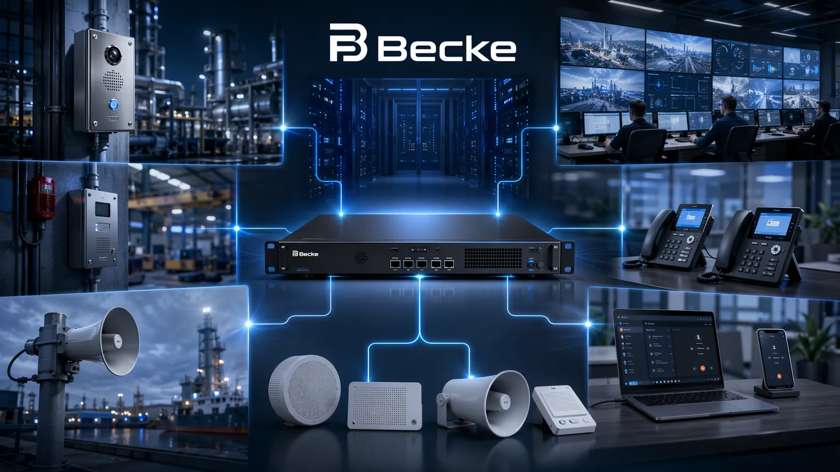 Logiciel IPBX industriel Becke connectant les postes de bureau, interphones SIP, dispositifs de diffusion et opérateurs de salle de contrôle