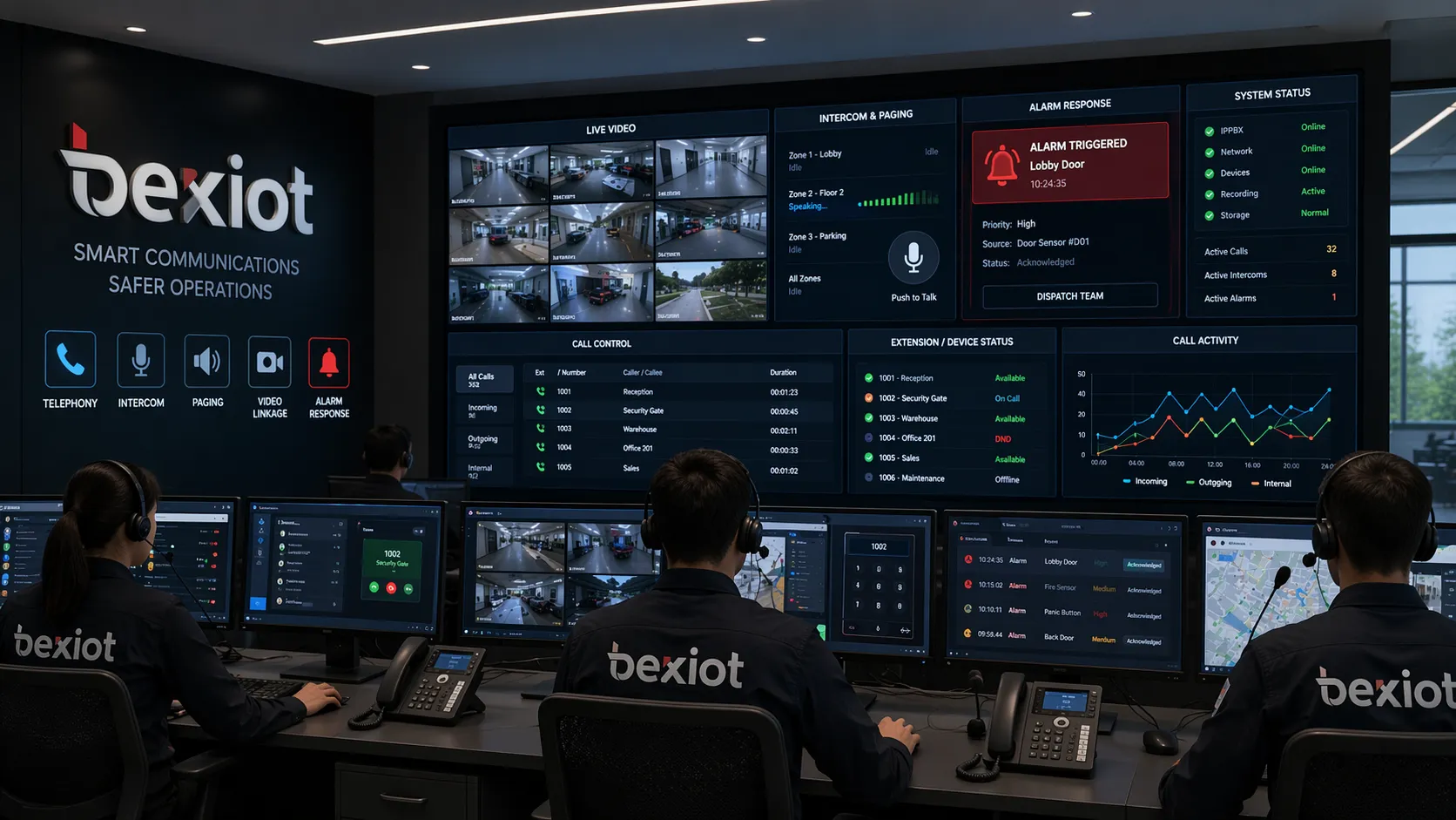 Salle de contrôle utilisant le logiciel IPBX Becke pour la téléphonie, l’interphonie, la diffusion, la liaison vidéo et la gestion des alarmes