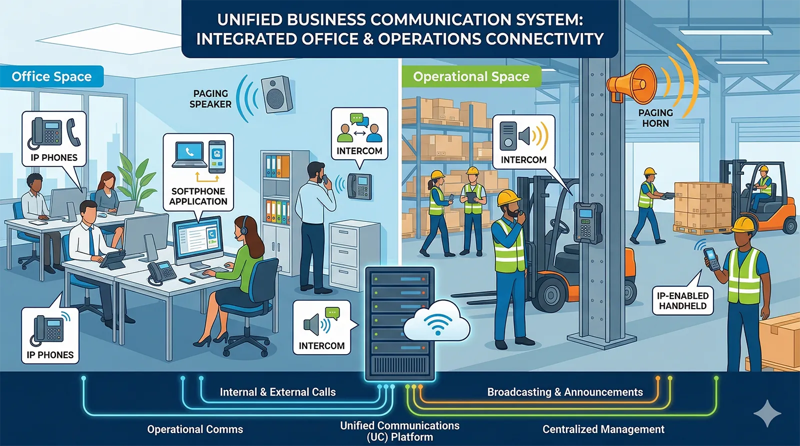 Système de communication d'entreprise combinant téléphones IP, softphones, sonorisation et interphonie dans les espaces de bureau et opérationnels