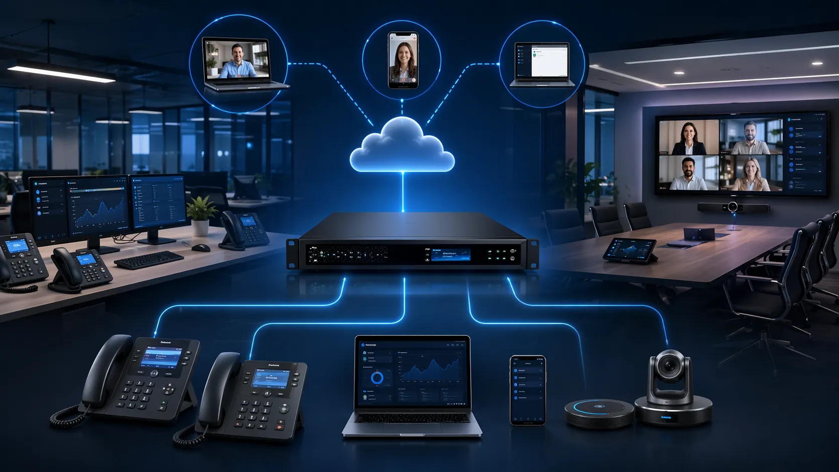 IP PBX intégré Grandstream prenant en charge les téléphones de bureau, les terminaux vidéo et les utilisateurs distants sur un réseau d’entreprise