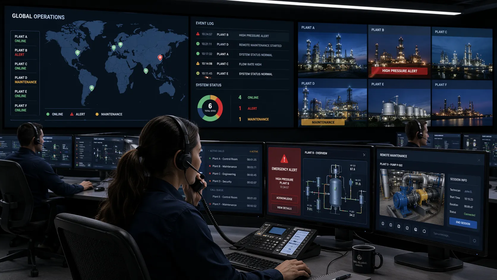 Personnel de poste de contrôle gérant les appels industriels, les événements d’urgence et la maintenance à distance sur plusieurs sites