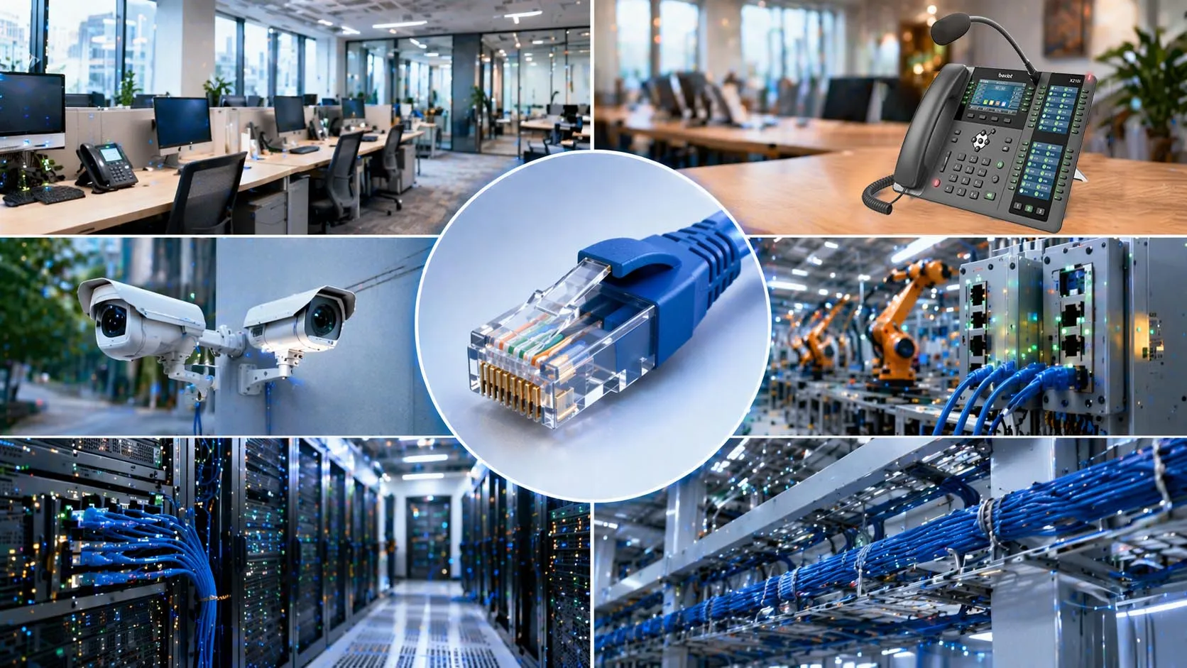 Câble Ethernet avec connecteur RJ45 branché sur un équipement réseau de bureau