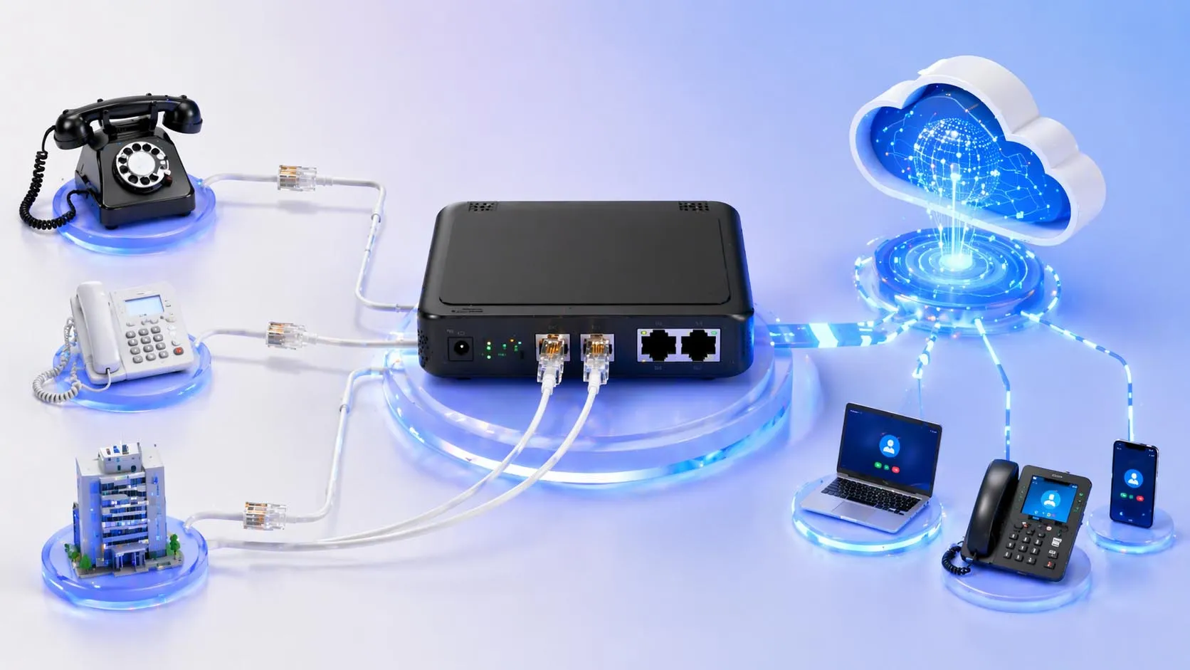 Combiné téléphonique connecté par un câble RJ11 dans un environnement de communication de bureau